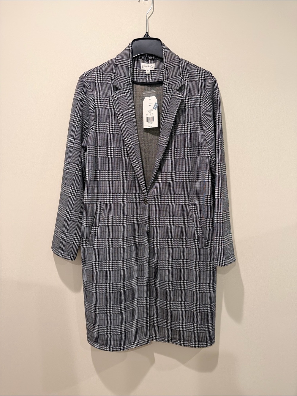 NWT Wonderly Retro Black & White Plaid Long Blazer Coat Size Medium